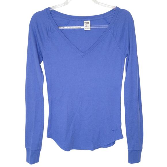 VS PINK Y2K Blue Long Sleeve Waffle Knit V Neck Womens SM Preppy Basic Comfy - Picture 1 of 9